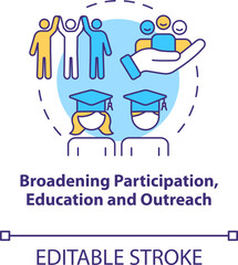 2D editable thin line icon broadening participation, education and outreach concept, isolated vector, multicolor illustration representing arena.