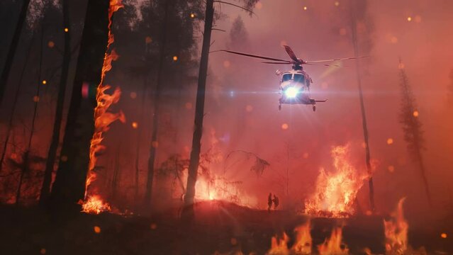 A helicopter picks up firefighter from fire in the forest, Silhouettes of two firefighters in fire storm 