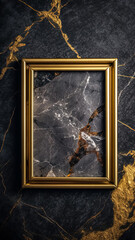 Empty golden frame on textured dark marble background.