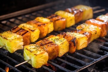close-up of grilling pineapple skewers on churrasco - obrazy, fototapety, plakaty