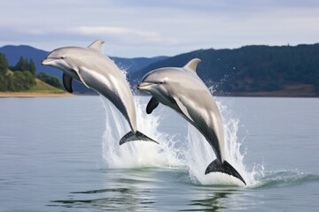 Obraz premium two dolphins jumping out of the water in synchronization