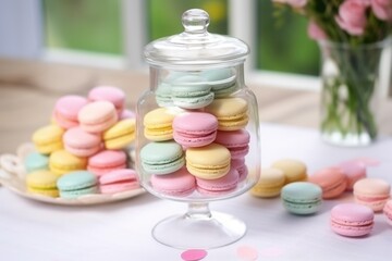 a table with pastel-colored macarons in a glass jar