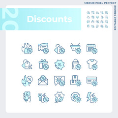 Pixel perfect blue icons set representing discounts, editable thin line illustration.