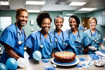 Foto op Plexiglas Capturing the joy of a milestone achieved – a young nursing student and her team, all in scrubs, with a proud doctor intern leading the way © Radiographs
