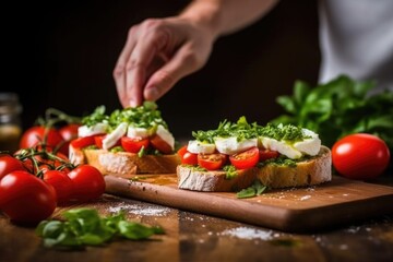 Obraz na płótnie Canvas hand placing a slice of mozzarella on bruschetta