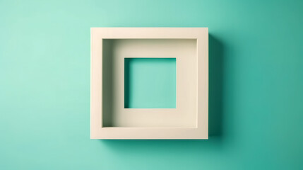 Empty white frame on blue background, top view.