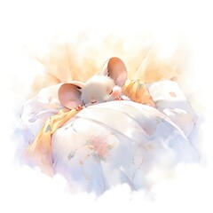 A sleepy baby mouse in a bedding, watercolor illustration.