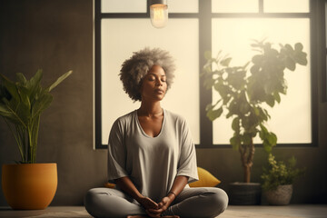 Aged black woman practicing meditation at home in lotus position. Calming lifestyle photography