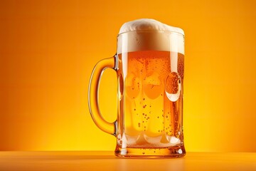 Beer glass with full beer isolated with a yellow background.