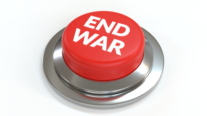 End war text on red button 3d illustration. Represents concept of taking action to stop conflict and promote peace. - obrazy, fototapety, plakaty