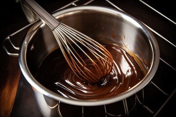 a whisk stirring chocolate sauce in a pot