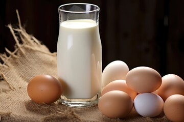 glass of milk next to a basket of farm eggs