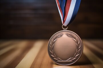 detailed close-up of a bronze medal on a wooden surface