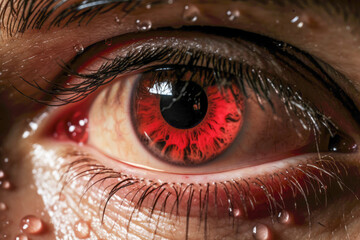A close-up of a red eye with tears, showing symptoms of conjunctivitis, a common disease often...