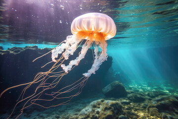 In the depths of the ocean, a jellyfish glides gracefully, its dangerous and poisonous nature hidden beneath its mesmerizing appearance, underscoring the intriguing wildlife found in the sea.