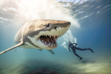 Naklejka premium a brave diver encounters a formidable shark, showcasing the thrilling coexistence of humans and dangerous wildlife beneath the waves.