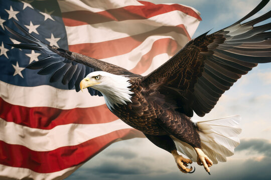 In the USA, the bald eagle stands as a symbol of freedom and the nation's pride, often depicted alongside the stars and stripes of the American flag, celebrating independence.