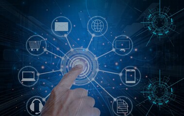 hand pushing icon.blue background digital graphics.IT Network Computer Icons