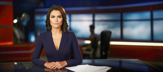 A professional female news anchor delivering the latest updates in a well-equipped television studio.