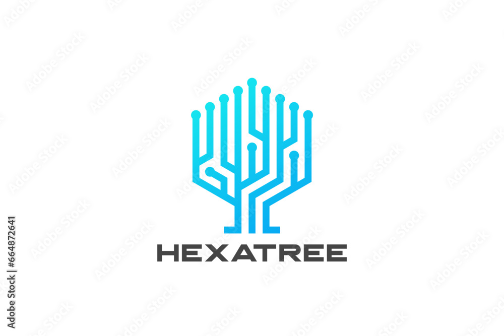 Poster digital tree logo technology geometric energy circuit design style vector. global network communicat
