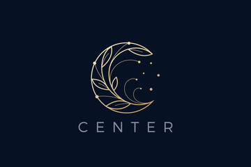 Elegant Moon Logo Letter C Floral Design Vector Linear Outline style. Flourish Luxury Fashion Jewelry Logotype concept. - 664872635
