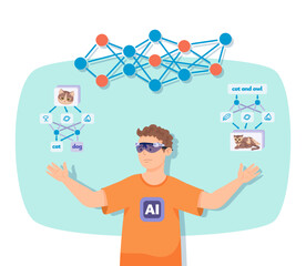 Boy in VR glasses exploring and visualizing neural networks, image and text recognition. Artificial intelligence, machine learning, virtual reality, digital technology concept