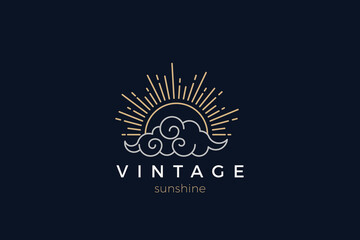 Sun Cloud Logo Vintage Design Vector Linear Outline Style. Sunshine Badge Logotype concept.