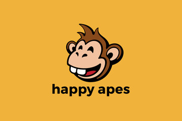 Happy Smiling Monkey Ape Logo Design Cartoon Style Vector template.
