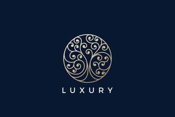 Vintage Tree Logo Circle shape Luxury Jewelry Design Vector template Linear Outline style. Golden Oak Logotype concept icon.