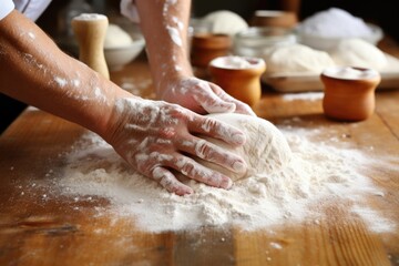 Fototapeta premium shots of hands kneading dough in a bakery, flour dusted on wooden table