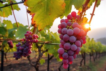 Naklejka premium morning dewy vineyard shot with grapes ready for harvest