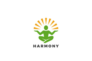 Yoga Logo Lotus Meditation Pose Sun Rays Abstract Design vector template. Man sitting Meditating Harmony Dzen Logotype concept icon.