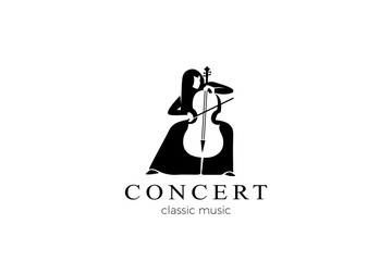 Musician play Violin Music Logo sitting vector design Negative space style.