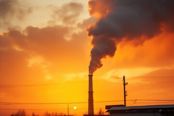 heavy smoke from industrial chimney against sunset