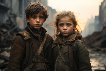 Fototapeta premium War-ravaged children, their innocence stolen by the harsh realities of conflict, symbolizing the urgent need for peace and humanitarian aid. Ai generated