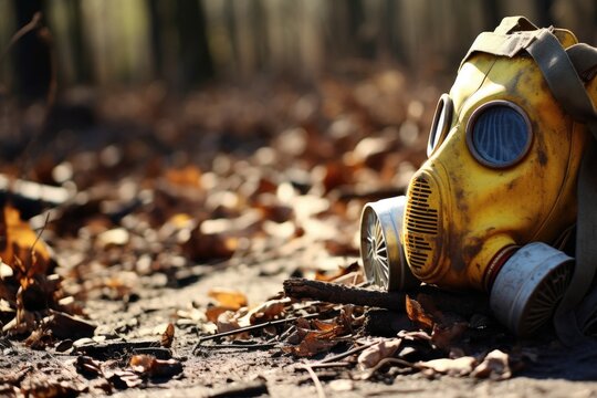 a gas mask left on a chemically contaminated area