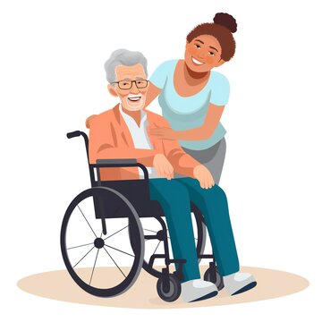 Social Volunteering concept with a young black woman taking an elderly man for a walk in a wheelchair in a park colored flat illustration