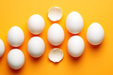several eggs are arranged in a row on a yellow back screen. Generative AI