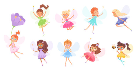 Cute fairy girls set, pretty princesses characters with butterfly wings, flying angels - obrazy, fototapety, plakaty