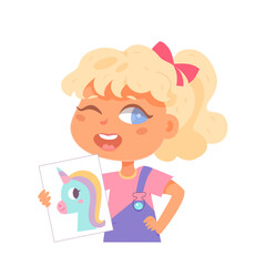 Cute girl shows picture of unicorn painting by her at school or home. Young child painter. Children art. Creative kids. Learning, enjoy, education, playing concept. Cartoon funny vector illustration