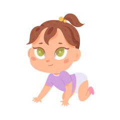 Cute cartoon baby girl vector illustration. Little dark haired kid in violet t-shirt and diaper crawls. Adorable kneeling and smiling small character. Concept of happy and healthy childhood
