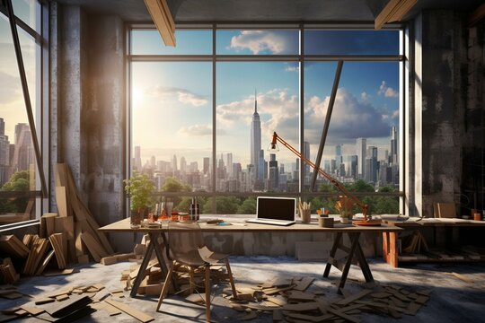 Interior of a gray work zone with a computer and a window overlooking skyscrapers. Generative AI