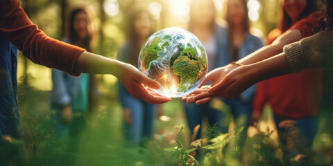 Human hands holding glass earth in green forest with sunlight. Environment, save the World, earth day, ecology, and Conservation Concept.