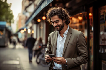 Handsome man smiling as he gazes at his mobile phone, radiating the joy of modern connectivity and personal connection. Ai generated
