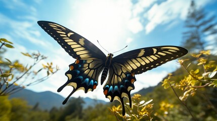 An orchard swallowtail butterfly in flight, captured mid-air with stunning clarity against a...