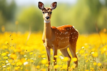 Female roe deer with beautiful flower.