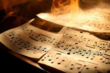 Music sheets in the shadow and fire flame. Nobody space key note. Generate Ai