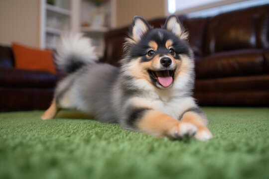 pomsky rolling over on a fuzzy carpet