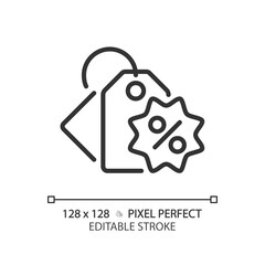 2D pixel perfect editable black price tag icon, isolated vector, simple thin line illustration representing discounts.