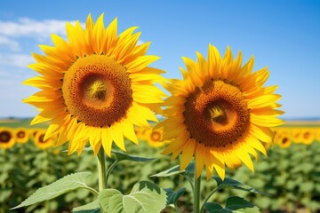 two identical sunflowers in a field